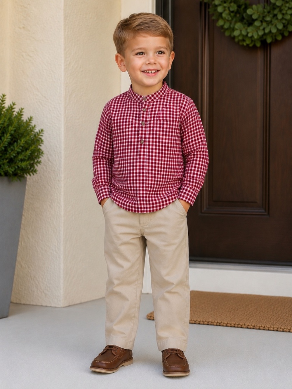Edgehill Collection Boys Check Long Sleeve Shirt and Pants Set 4T